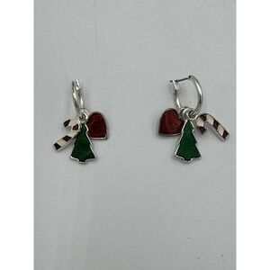 Silver Tone Hoop Dangle Earrings Christmas Tree , Heart & Candy Cane Charms